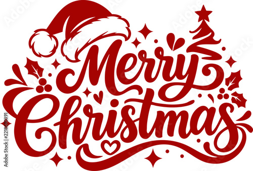 Merry Christmas Typography with Santa Hat and Christmas Tree