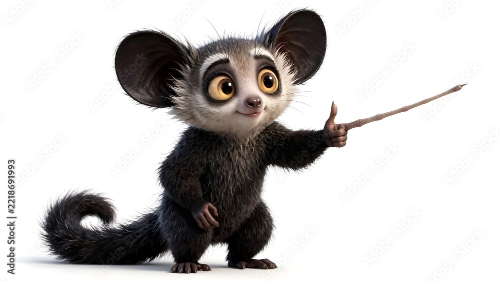 Fototapeta premium Unusual aye-aye lemur with large eyes, oversized ears and dark fluffy fur, presented as a cute 3D animated character on a white background.