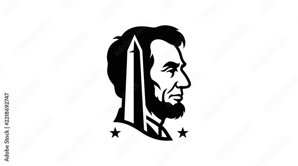 Fototapeta premium Minimalist graphic illustration featuring Abraham Lincoln profile silhouette with Washington Monument and stars.