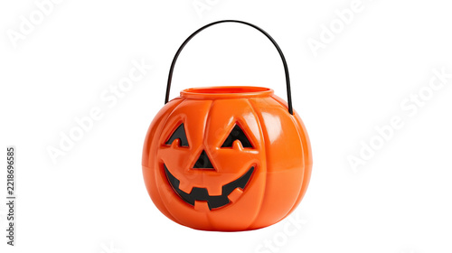 Orange plastic pumpkin candy bucket with black handle for trick or treat