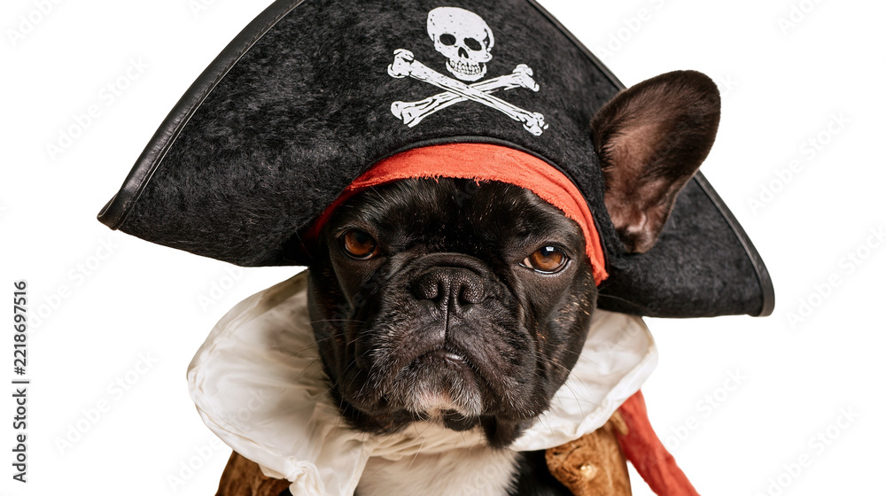Fototapeta premium Black French Bulldog wearing a pirate hat with skull and crossbones and ruff collar