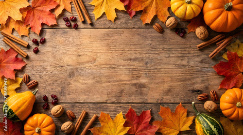 Cozy Thanksgiving living room interior with warm fireplace, autumn wreath, plaid blankets and pumpkins, copyspace