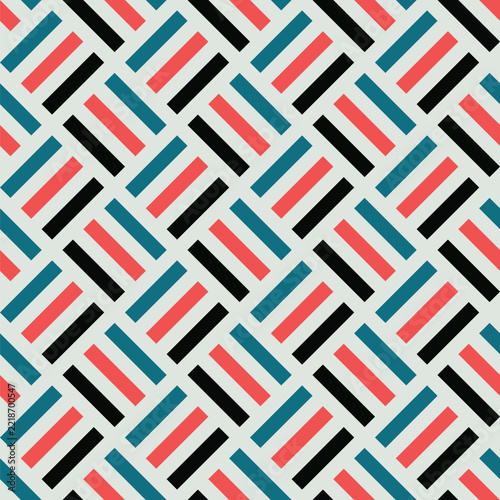 Seamless pattern created from blocks of three diagonal black, pink-red and jade rectangles on a pale grey background