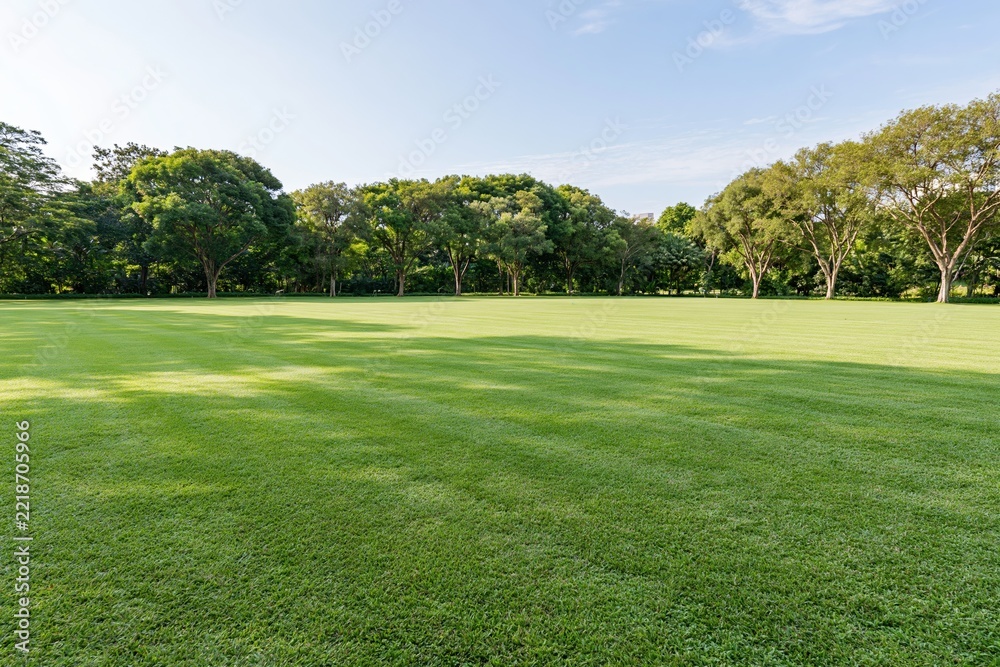 Fototapeta premium The Expansive Sunlit Grass Field in a Tranquil Park Setting
