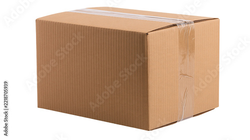 Rectangular brown cardboard shipping box sealed with clear adhesive packing tape