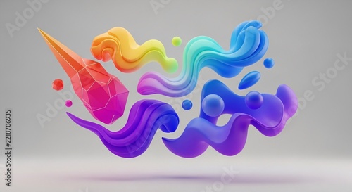 Colorful 3D abstract shapes and liquid forms on grey background