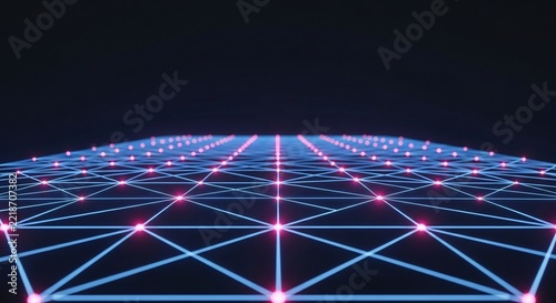 Glowing blue and pink network grid on dark background