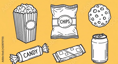 Hand drawn doodle set of snacks and sweet treats on yellow background