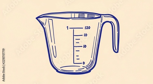 Hand-drawn line art of a measuring cup on a beige background