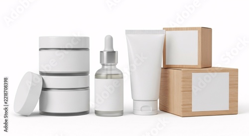 White cosmetic packaging mockup with wooden boxes and dropper bottle
