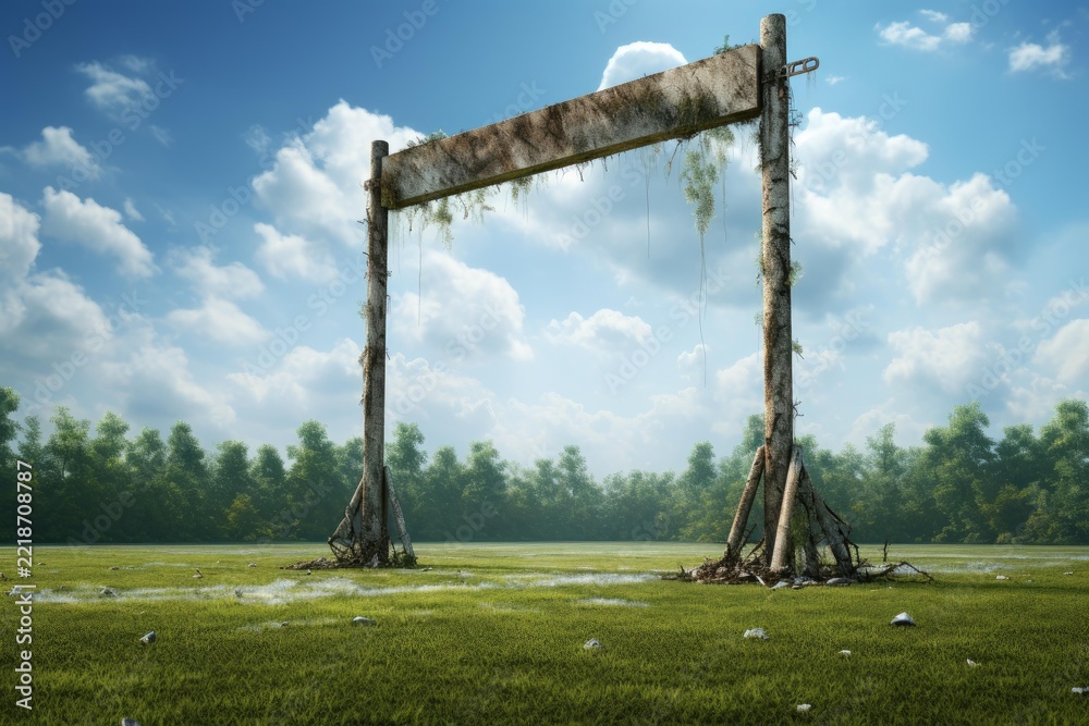 Naklejka premium Abandoned wooden gateway standing in an open green field under a vast blue sky with white clouds, symbolizing forgotten paths, nature reclaiming structures, and a sense of post human landscapes