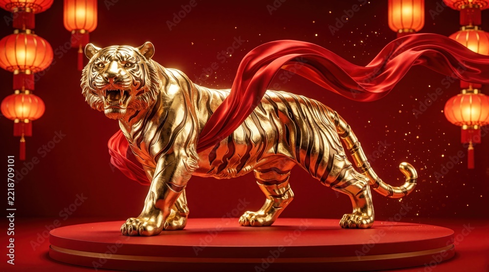 Fototapeta premium Golden tiger statue stands on red pedestal. Luxury metallic sculpture decorated with flowing silk fabric. Chinese lanterns hang in background. Festive decoration for Lunar New Year celebration with