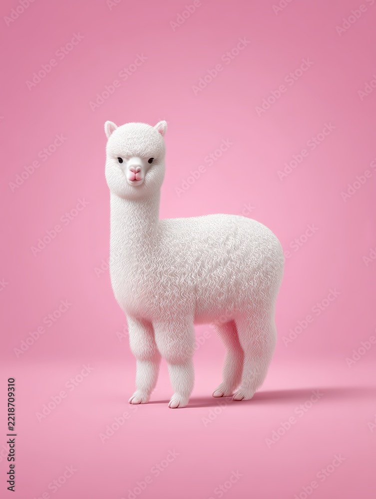 Fototapeta premium Cute white baby alpaca isolated on a solid pink background