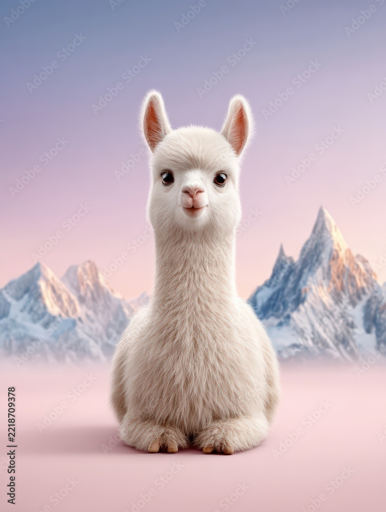 Fototapeta premium Cute white baby alpaca sitting in front of misty mountain peaks
