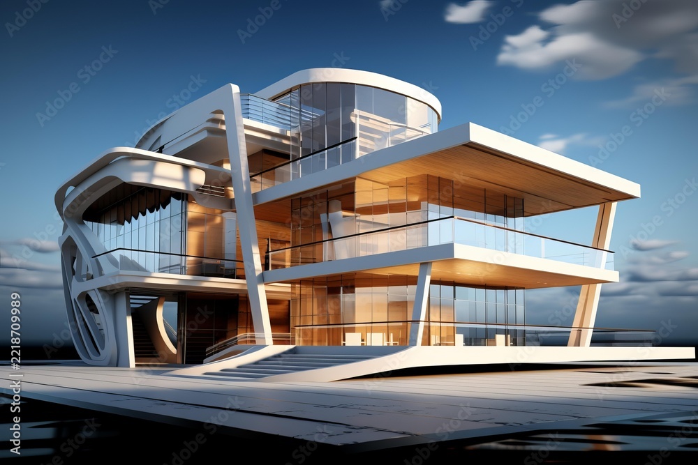 Fototapeta premium Futuristic luxury villa featuring sleek modern architecture, multiple levels, expansive glass walls, and outdoor balconies, offering a contemporary vision of high end residential design