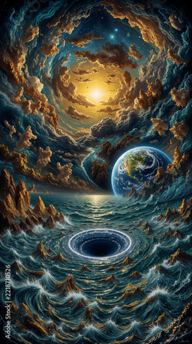 Ocean whirlpool vortex opening in stormy sea under cosmic sky with planet and glowing celestial portal