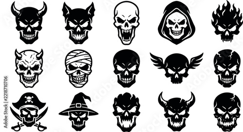 Halloween skull vector icon bundle collection on white background featuring various spooky characters for graphic design projects
