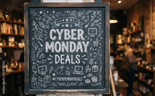 Chalkboard sign announcing Cyber Monday deals in a retail shop, perfect for online shopping promotions, retail sales, and seasonal marketing campaigns.