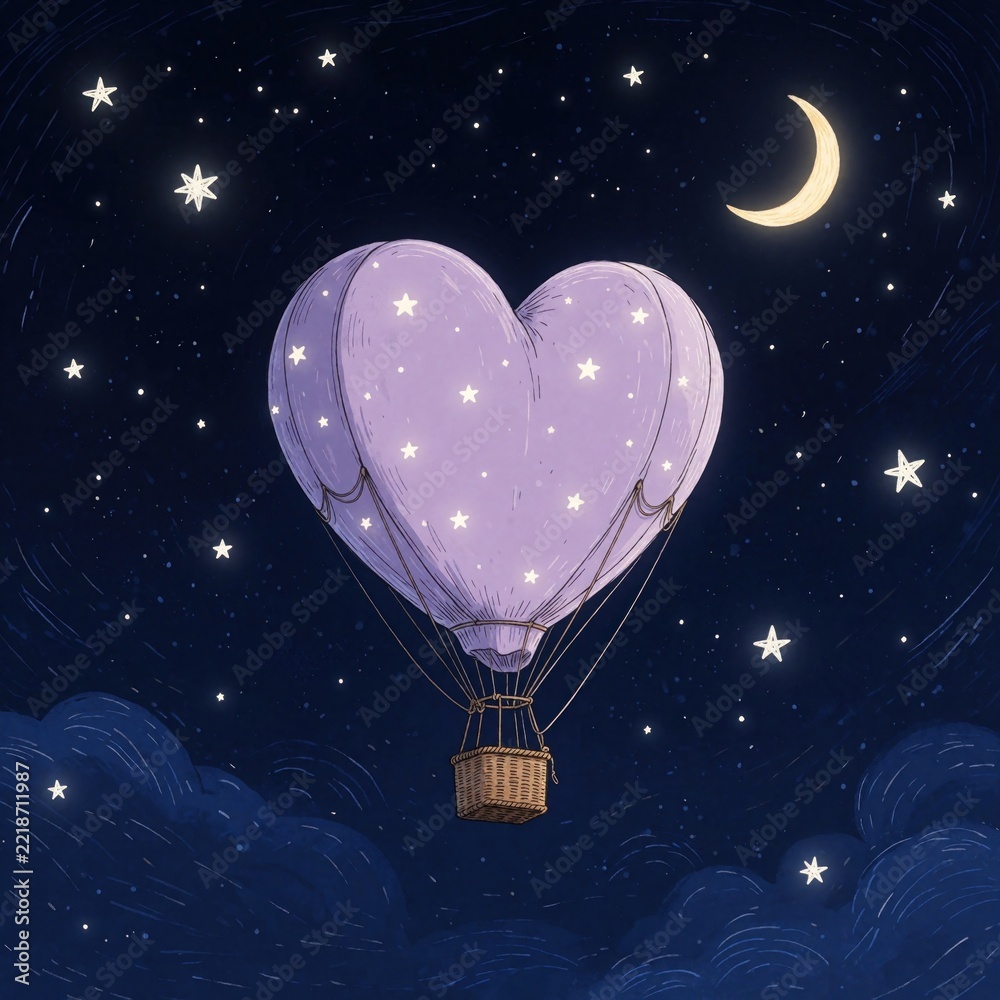 Fototapeta premium Whimsical heart shaped hot air balloon floats through starry night sky. Purple balloon with white stars flies above dark blue clouds near crescent moon. Romantic fantasy concept for love, dream,