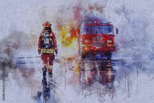 Watercolor painting of a female firefighter and a fire truck on a linen fabric texture; artistic grunge style retro background.