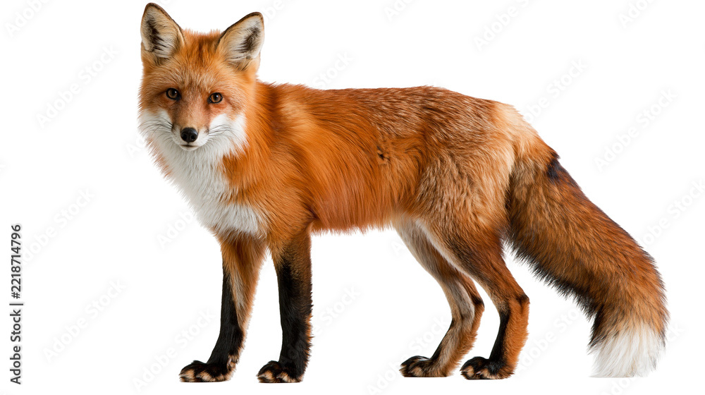 Obraz premium Full body red fox standing with fluffy tail and white tipped fur