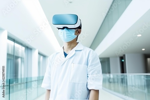 Medical professional wearing a protective face mask and virtual reality headset, exploring future healthcare technology in a modern hospital setting, innovating medical training and patient care