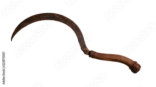 Obraz na plátně Rusty curved metal sickle with a weathered wooden handle
