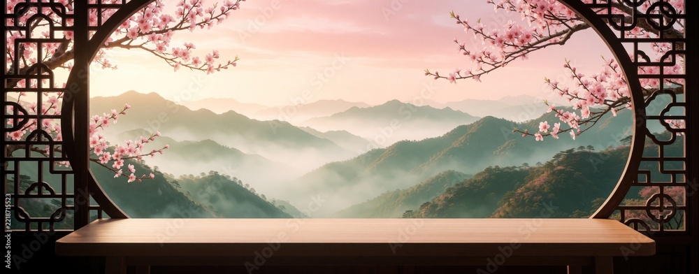 Naklejka premium Oriental window frame looks out to misty mountains at sunrise. Pink peach blossom branches frame view of green hills under pink sky. Empty wooden table in foreground for product display during