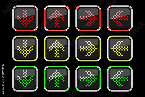 LED arrow dot matrix glossy button set, digital traffic navigation style, electronic user interface vibe, dark background, commercial app control panel display graphic