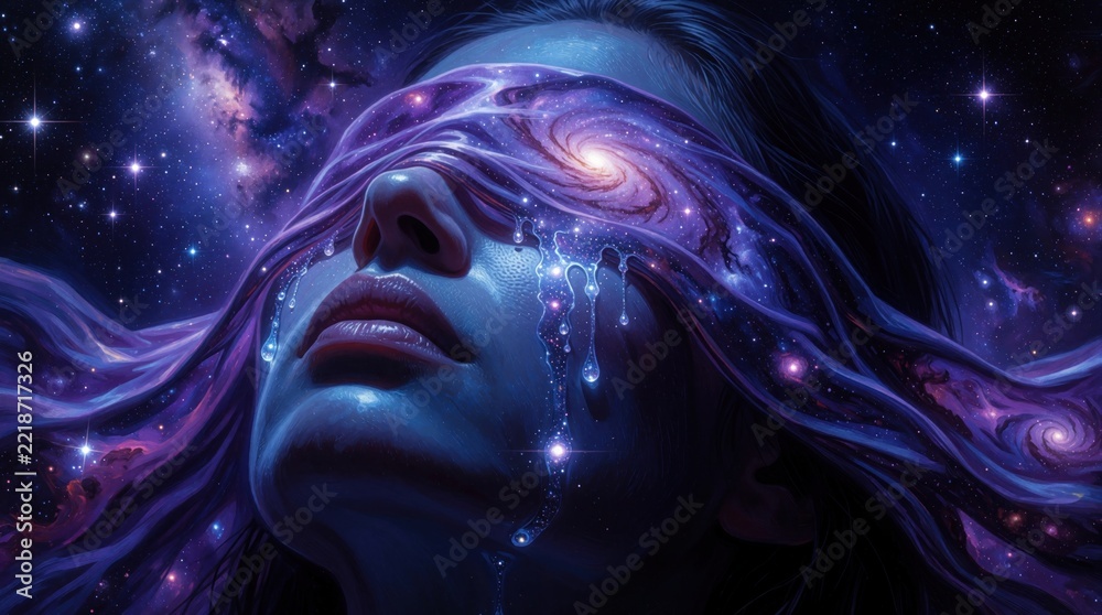 Fototapeta premium Surreal digital art shows female face merging with deep space galaxy. Cosmic nebula, stars flow through eyes like liquid paint. Mystical woman experiences spiritual transcendence, nirvana, cosmic