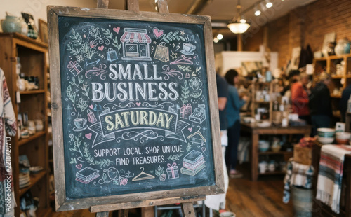 Chalkboard sign on an easel promoting Small Business Saturday inside a rustic boutique shop filled with shoppers browsing unique local goods and handmade treasures