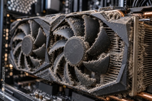 Dust-covered computer graphics card cooling fans inside computer. Dust buildup and hardware maintenance concern. PC overheating and component failure risk. Computer repair and cleaning