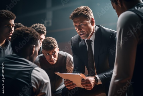 Coach discussing strategy with basketball players during a huddle, providing leadership and motivation, developing team tactics, young athletes listening intently to game plan