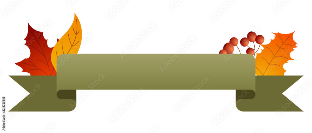Fototapeta premium Autumn ribbon. Autumn ribbon with leaves, autumn foliage, maple leaves, and berries. Vector elements for autumn banners and promotional flyers