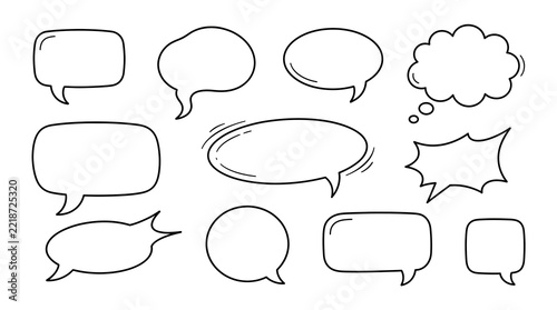 Set of handdrawn speech bubbles and thought balloons, doodle style comic elements isolated on white background