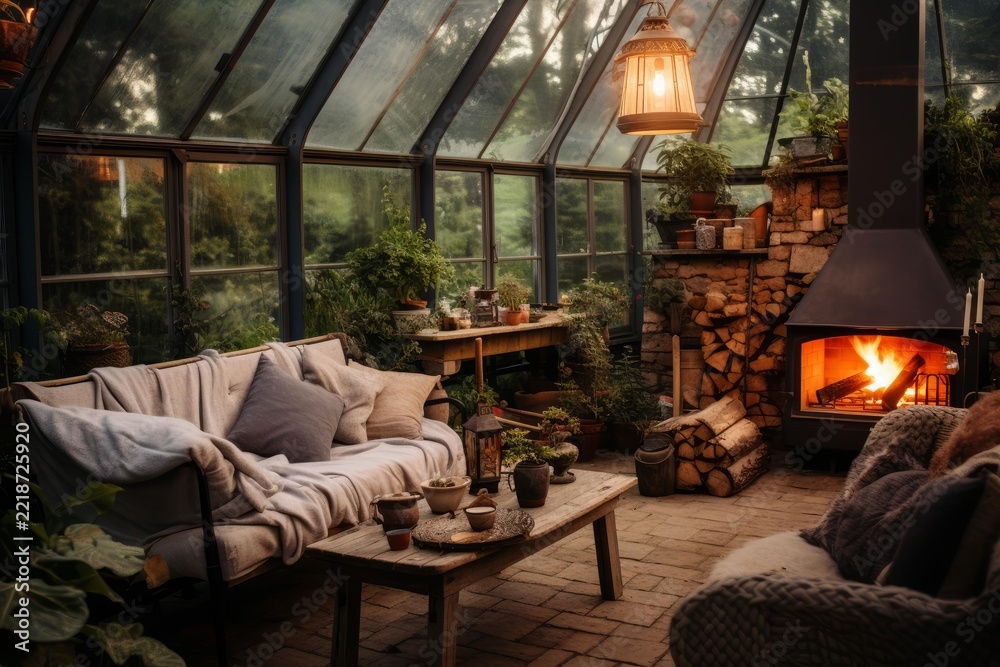 Naklejka premium Cozy greenhouse interior showcasing a warm. Inviting atmosphere with a lit fireplace. A comfortable sofa. And numerous green plants. Offering a tranquil space for relaxation and connection with nature