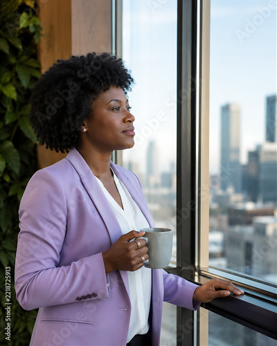 Businesswoman in quiet contemplative moment at office window — city skyline view, calm professional reflection