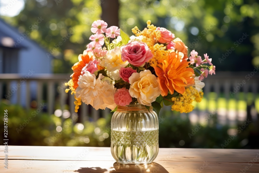 Fototapeta premium Colorful garden bouquet showcasing fresh blossoms arranged in a glass jar, celebrating summer vibrancy, growth, and natural beauty on a rustic outdoor table in warm sunlight