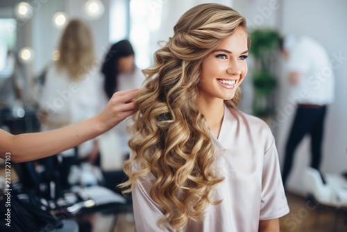 Smiling blonde woman getting beautiful hairstyle done by professional hairdresser in a beauty salon, enjoying a luxurious makeover and hair preparation for a special event