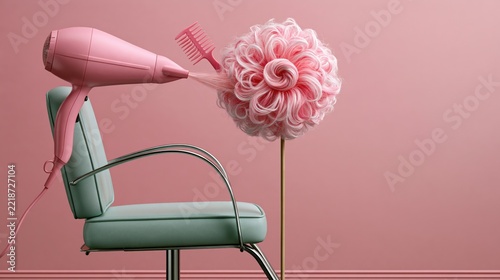 Side angle view of hair dryer, wig, comb, salon chair acting as a strict stylist blowing a wig into a perfect curl while a comb supervises. humorous beauty salon scene.