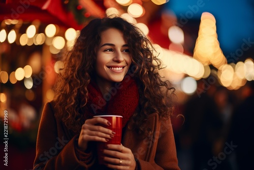 Young woman with curly hair wearing a cozy scarf and coat. Holding a red cup with a warm beverage. Smiling happily at a vibrant outdoor christmas market at night. Surrounded by shimmering bokeh lights