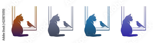 Cat and Bird Silhouette Set Gradient Window View Graphic Design