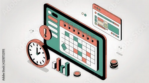 Tablet screen displaying a calendar planner schedule alongside a clock, warning icon, and bar chart in an isometric vector style.