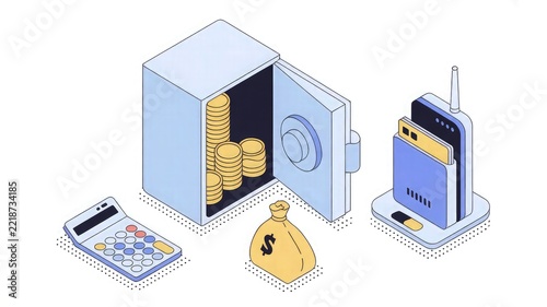 Open safe box filled with gold coins stands next to a money bag, a calculator, and a mobile device dock in a clean isometric illustration depicting banking security.