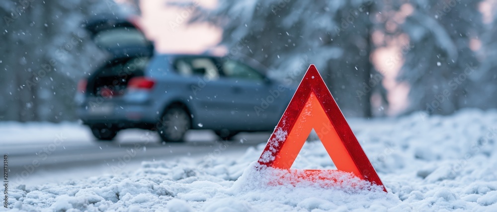 Fototapeta premium Red emergency warning triangle in snow near a car on a winter road