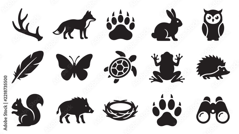 Obraz premium Wild animal silhouettes collection featuring forest fauna wildlife tracks and hiking equipment icons for nature education biology study and environment print.