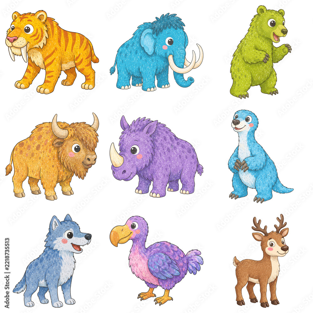 Naklejka premium Cute cartoon Ice Age animal collection, furry prehistoric wildlife, mammoth tusks, saber teeth, woolly coats, horns and antlers, rounded painted animal characters