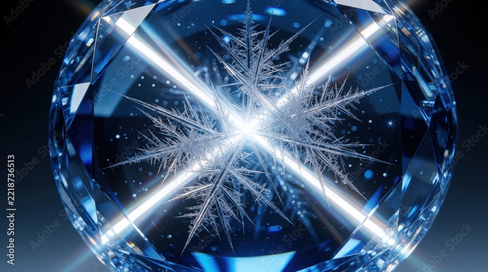 Fototapeta premium Abstract blue crystal orb with sharp light rays. Glowing sphere contains intricate snowflake pattern inside. Bright geometric starburst shines through faceted glass surface. Mystical frozen crystal
