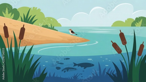 Riverbank illustration depicts a peaceful natural ecosystem with a bird on the sandy shore and fish swimming underwater.