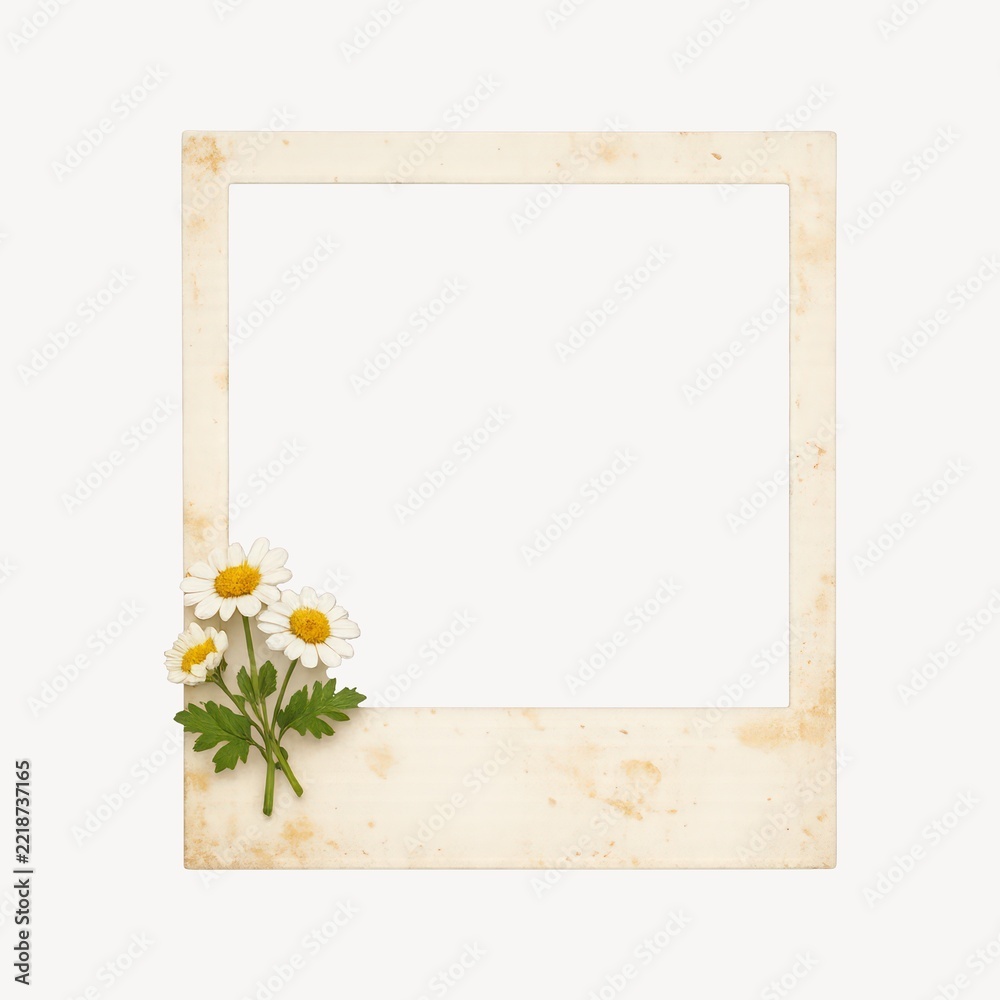 Fototapeta premium Vintage photo frame with daisies on a white background.